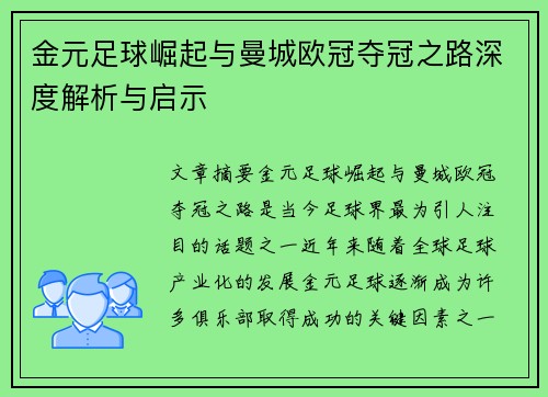 金元足球崛起与曼城欧冠夺冠之路深度解析与启示