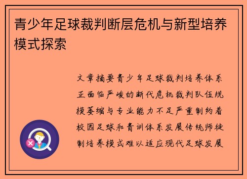 青少年足球裁判断层危机与新型培养模式探索