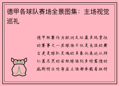 德甲各球队赛场全景图集：主场视觉巡礼